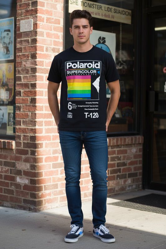 Polaroid Shirt Mens Large Black Supercolor VHS T-120 Retro Rainbow Graphic Tee0