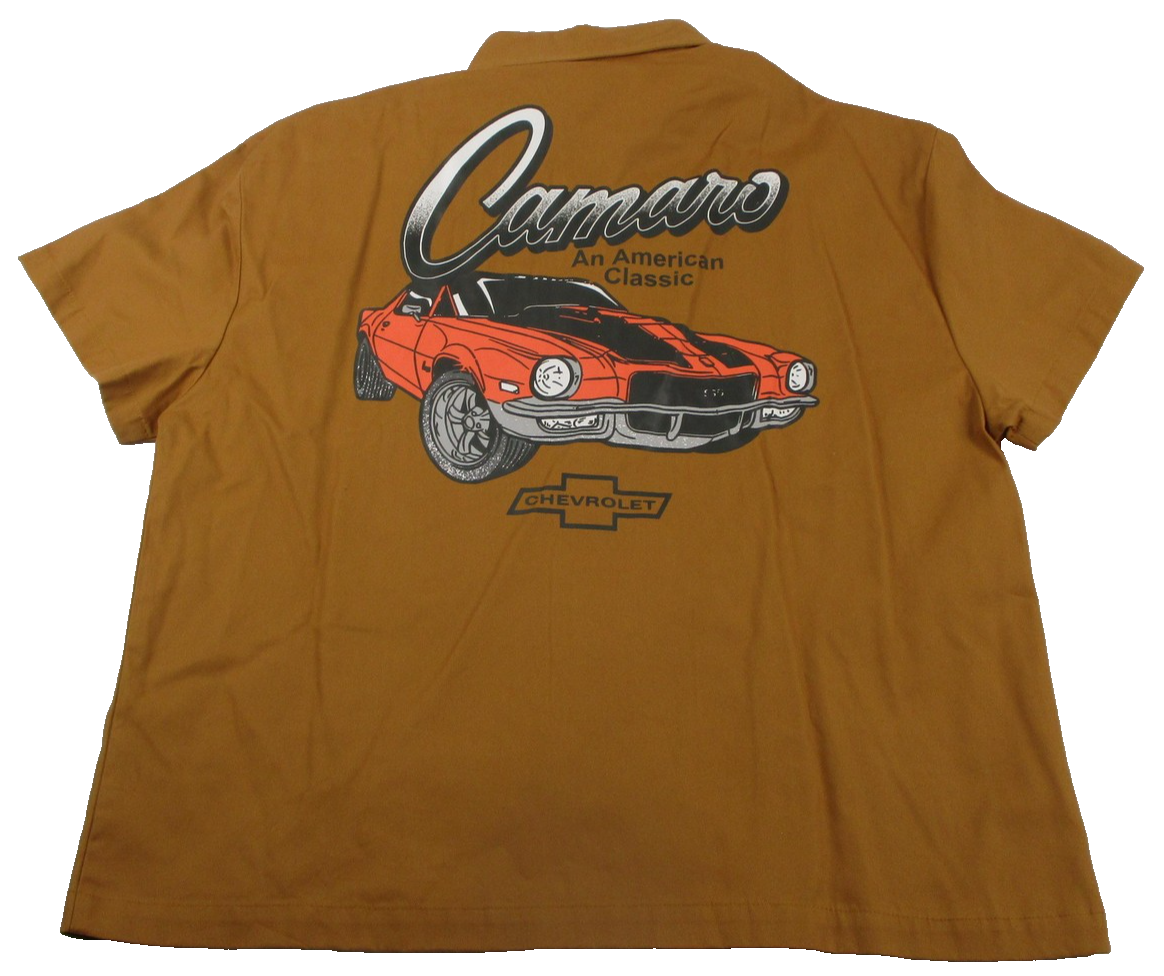 GM Chevy Camaro Shirt Mens Medium Brown Button Up Camaro Graphic Back Print 13291
