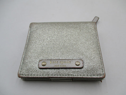 Kate Spade Wallet Women's One Size Silver Glitter Bifold Zip Coin Purse Leather0