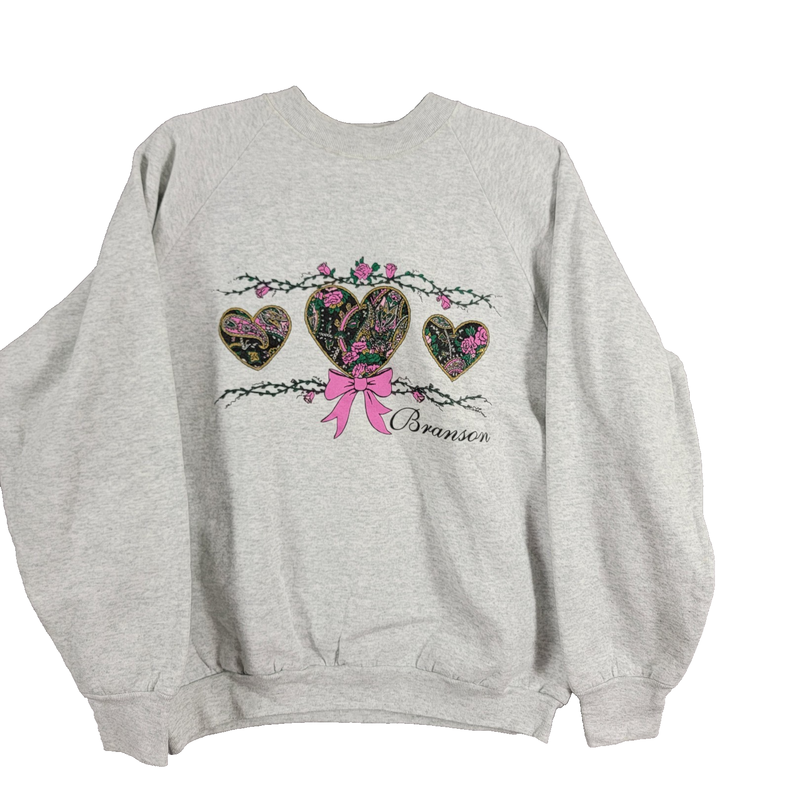 Vintage Branson Hearts Sweatshirt Fruit of the Loom USA Sz L Gray Floral