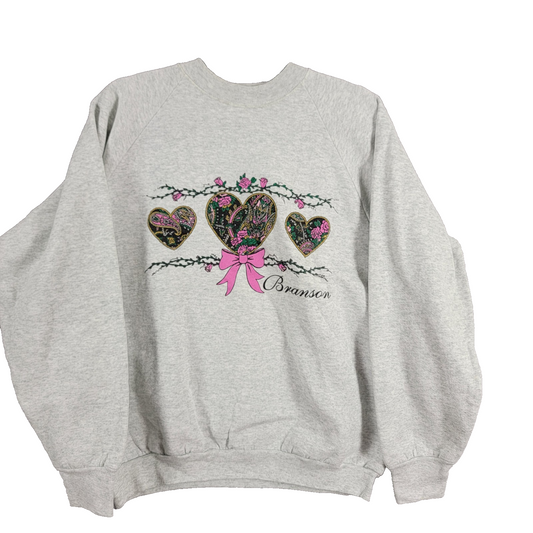 Vintage Branson Hearts Sweatshirt Fruit of the Loom USA Sz L Gray Floral