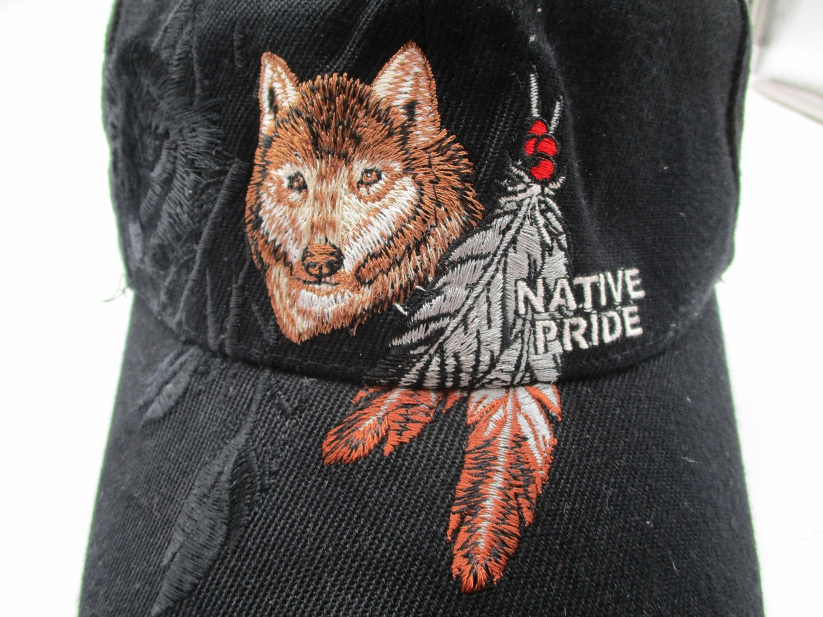 Native Pride Hat Cap Strap Back Mens One Size Black Wolf Feathers Embroidered3