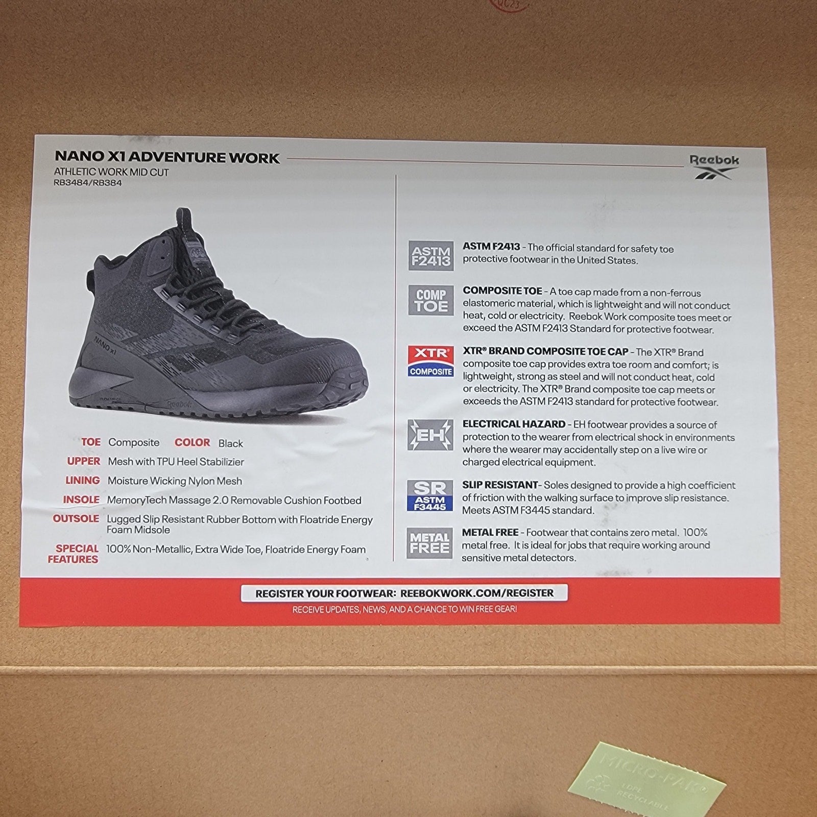 Reebok Nano X1 Adventure Work Mid Cut CT Black Wm Sz 12M RB3848