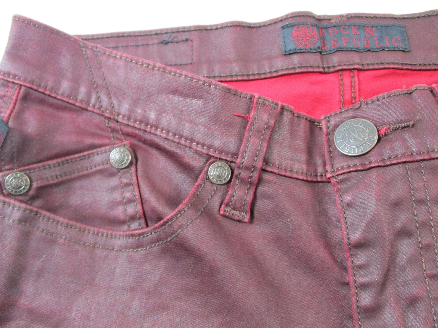Rock & Republic Jeans Womens 31 Dark Red Skinny Slim Fit Coated Denim 14352