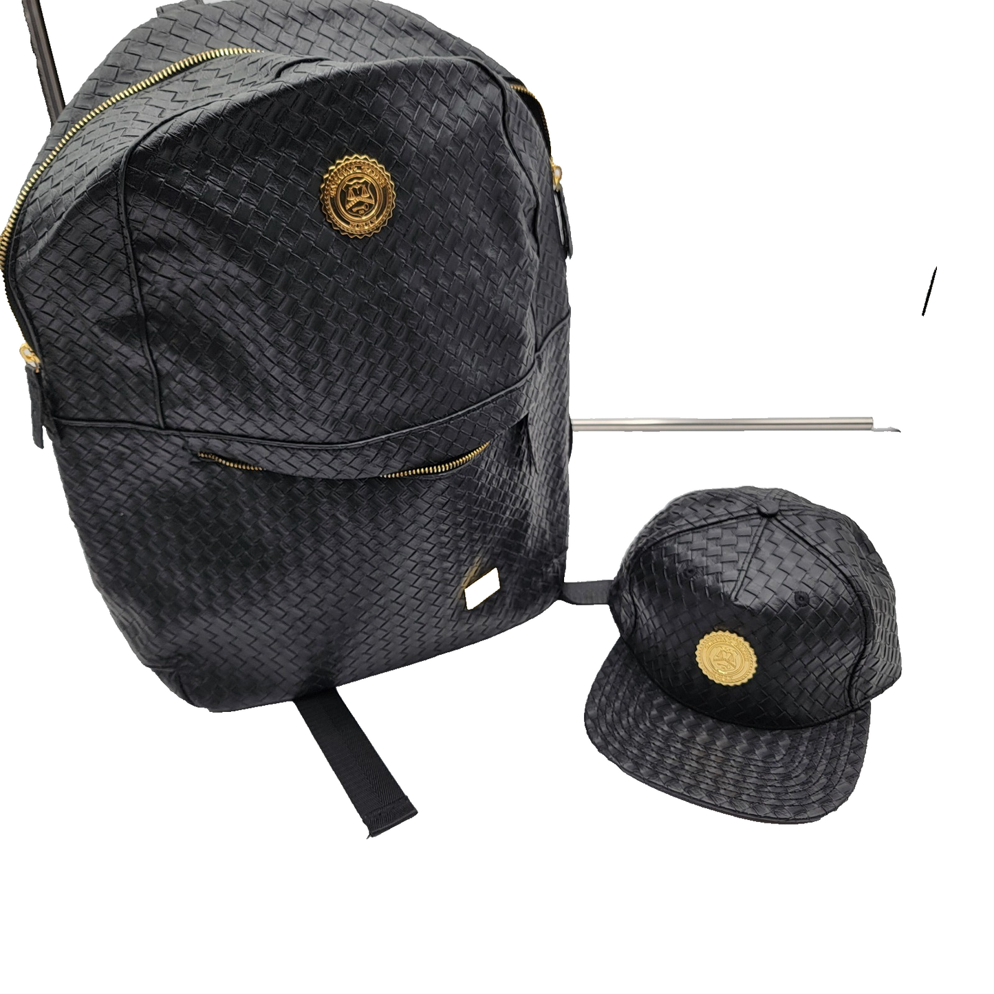Capital Gains Black Woven Backpack + Strapback Hat Bundle NWT Gold Logo0