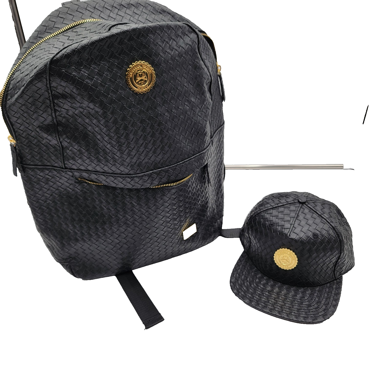 Capital Gains Black Woven Backpack + Strapback Hat Bundle NWT Gold Logo0