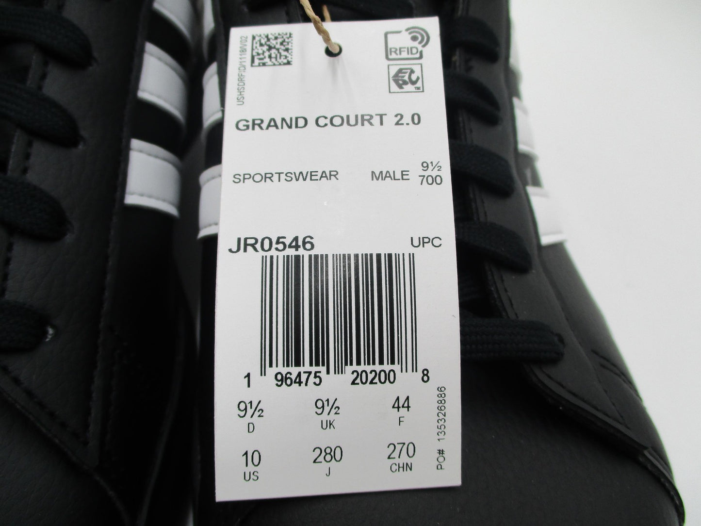 Adidas Grand Court 2.0 Cloudfoam Shoes Mens Size 10 Black White Sneaker JR054610