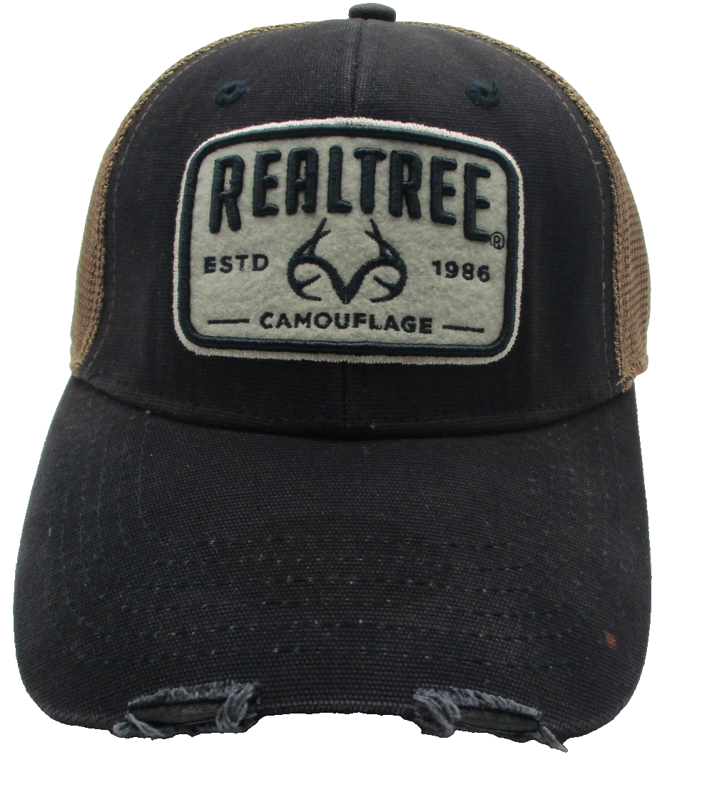 Realtree Dad Cap Fitted Mens Medium Black Tan Mesh Trucker Patch Distressed Look0