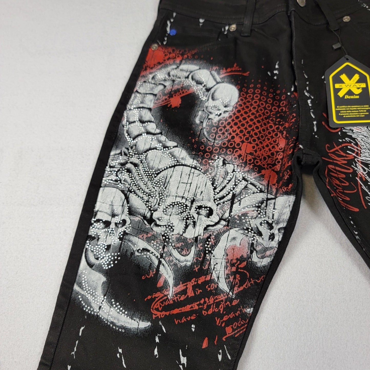 X WAY Jeans Mens 31 Black Graphic Skinny Denim Skull Wolf 61161