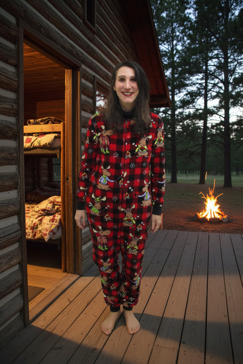 Secret Treasures Pajamas Kids 8-10 Red Plaid Moose Fleece One Piece Zip0