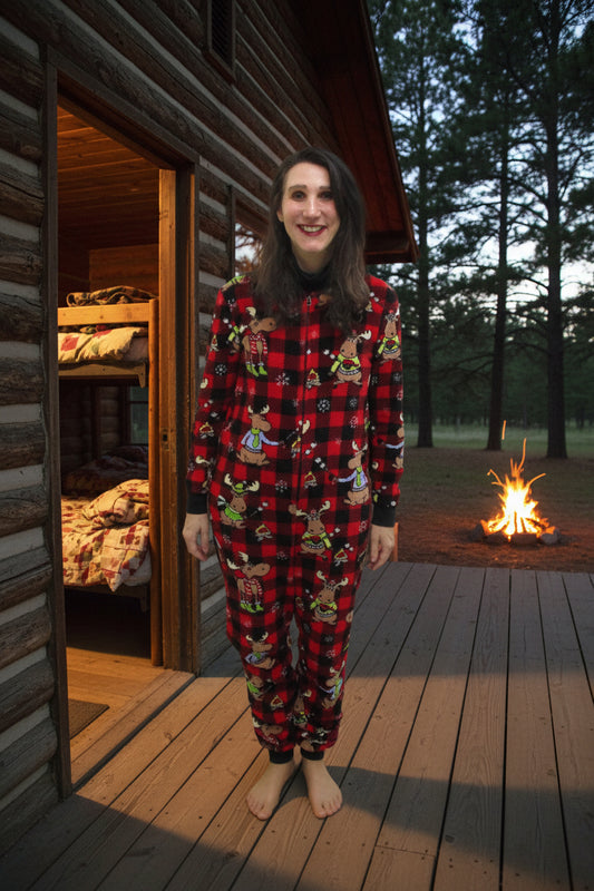 Secret Treasures Pajamas Kids 8-10 Red Plaid Moose Fleece One Piece Zip0