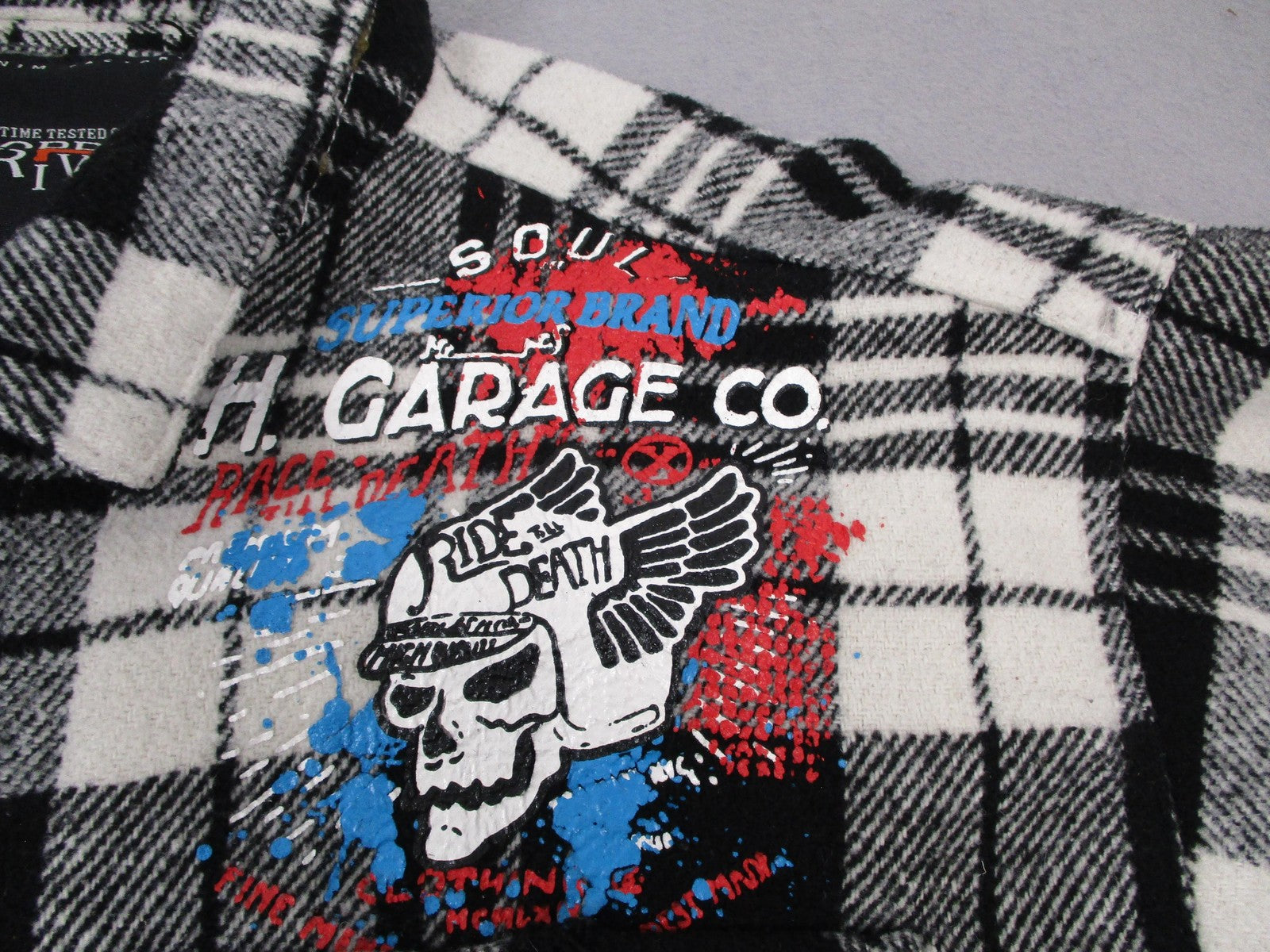 Copper Rivet Shirt Mens 2XL Black White Plaid Flannel Snap Front Graphic Shacket6