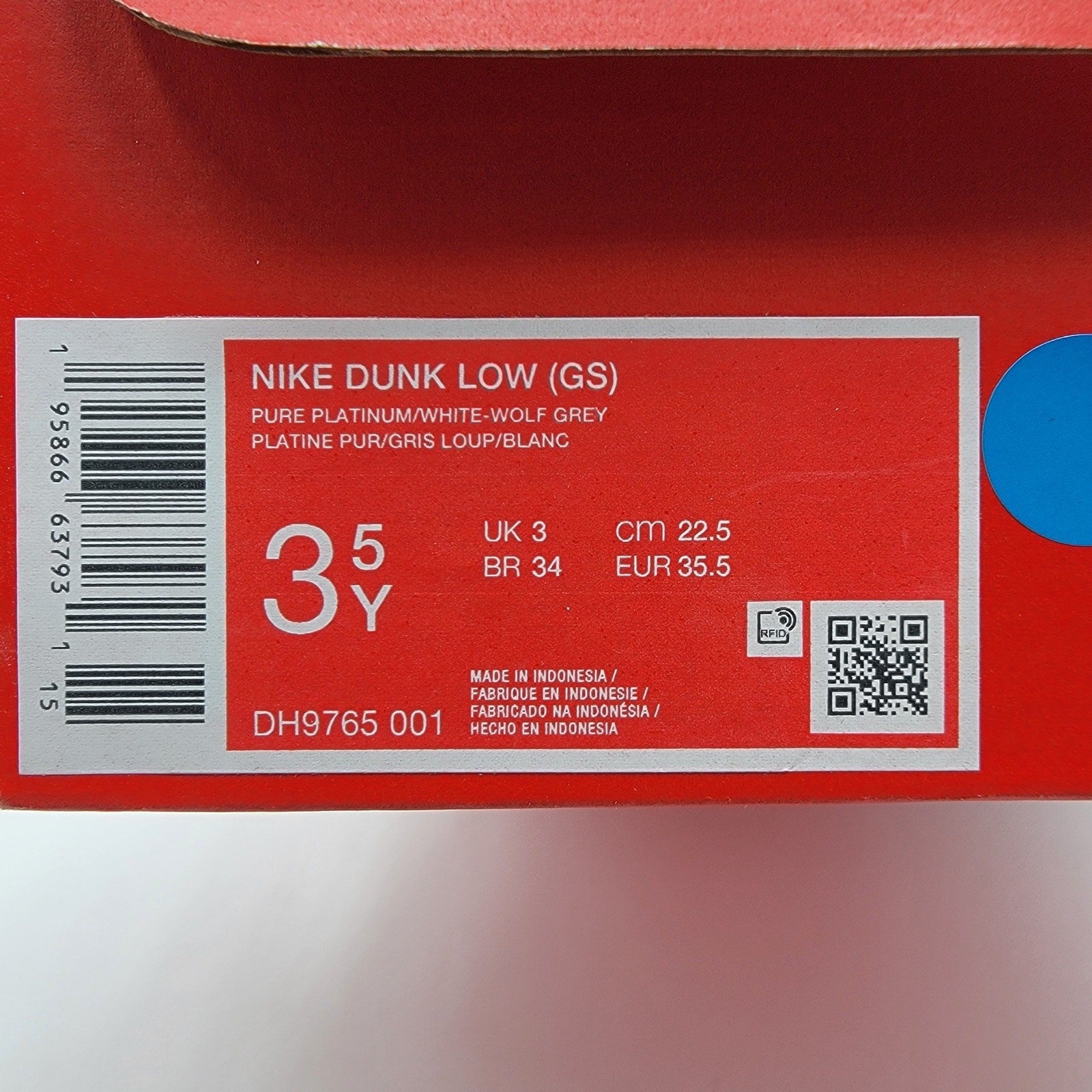 Nike Dunk Low GS Pure Platinum Wolf Grey-Sz 3.5Y DH9765 0017