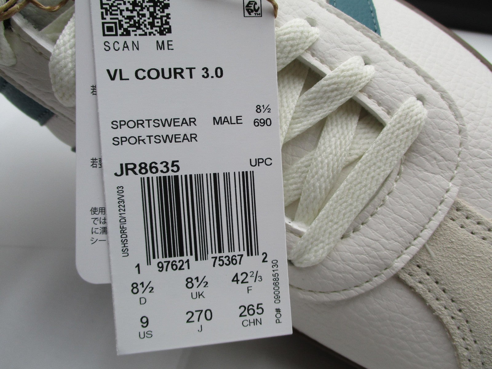 Adidas VL Court 3.0 Shoes Mens Size 9 White Green Teal Gum Sole Casual JR863511