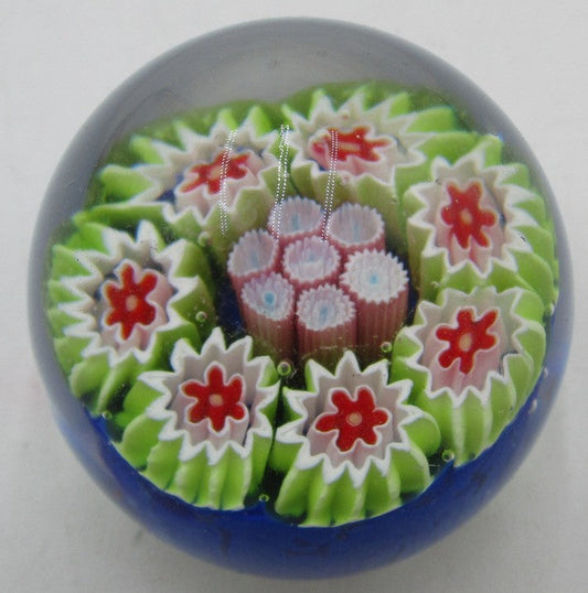 70s Murano Millefiori Art Glass Paperweight Multicolor Floral Canes Blue Decor0