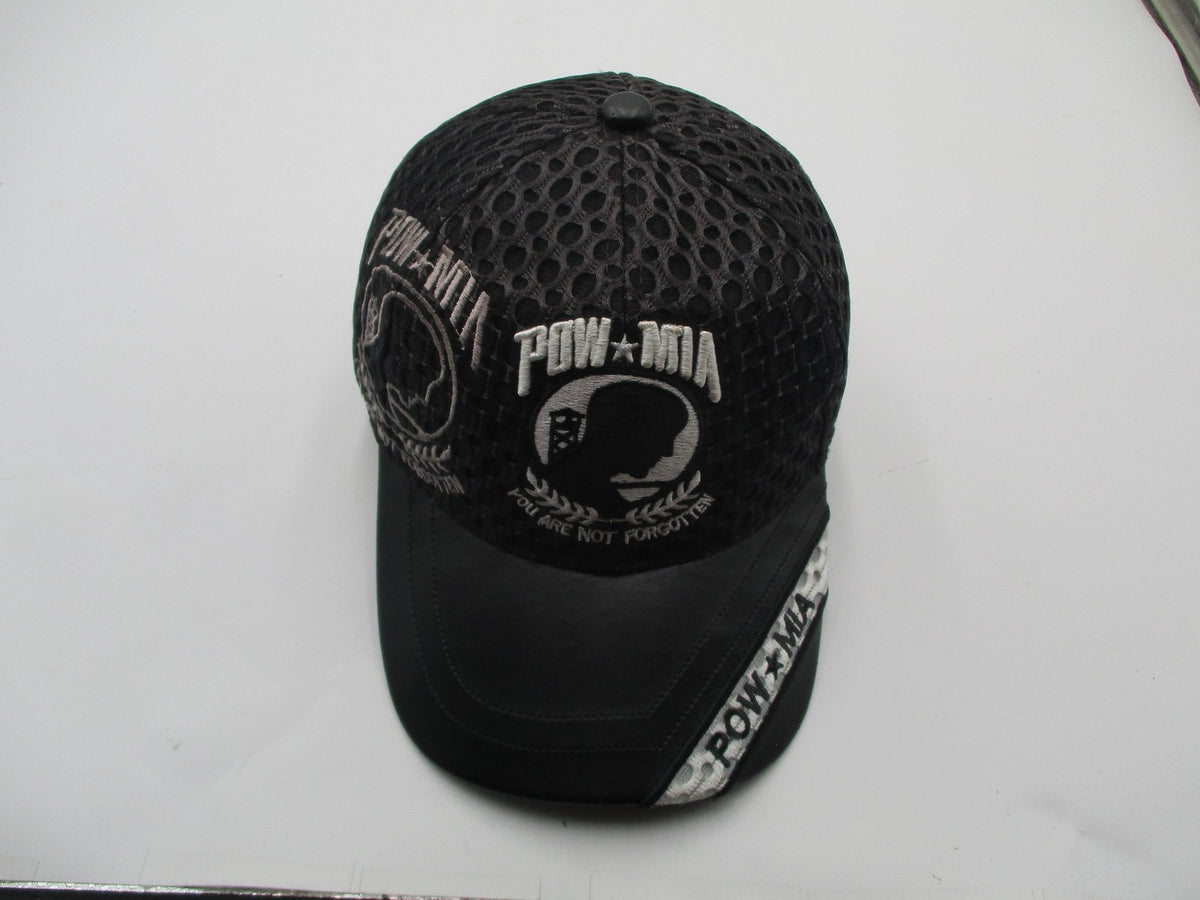 JWM POW MIA Hat Cap Strap Back Mens One Size Black Mesh Faux Leather Embroidered2