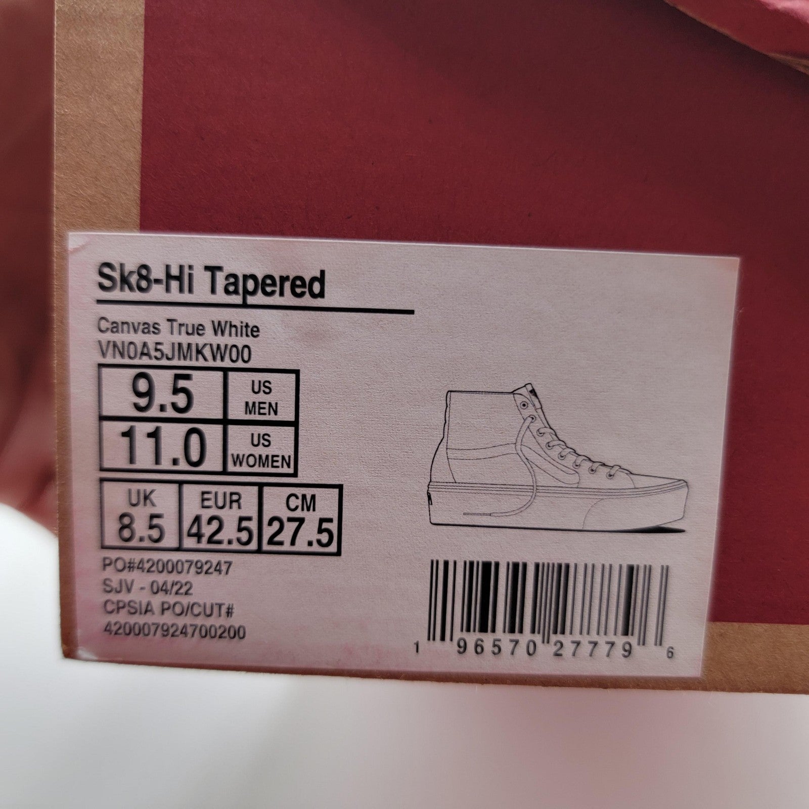 Vans Sk8Hi Tapered Shoes Mens Size 9.5 Womens 11 White Canvas VN0A5JMK Platform8