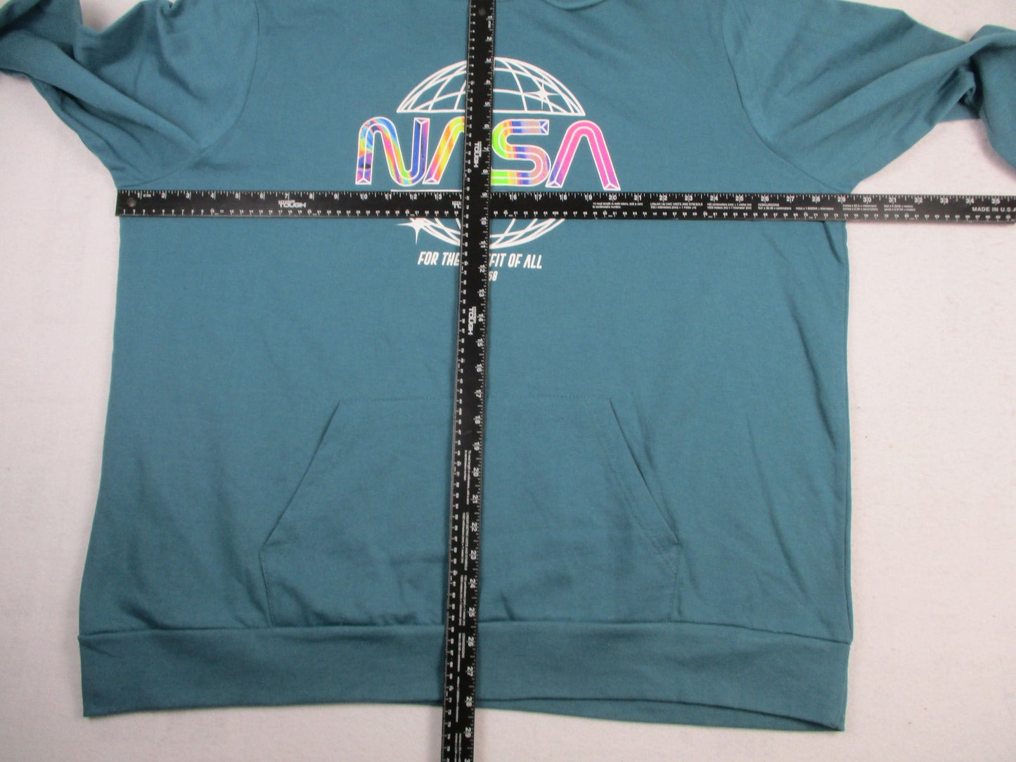 NASA Hoodie Mens 3XL Blue Rainbow Globe Logo Graphic Pullover Fleece Space 13324