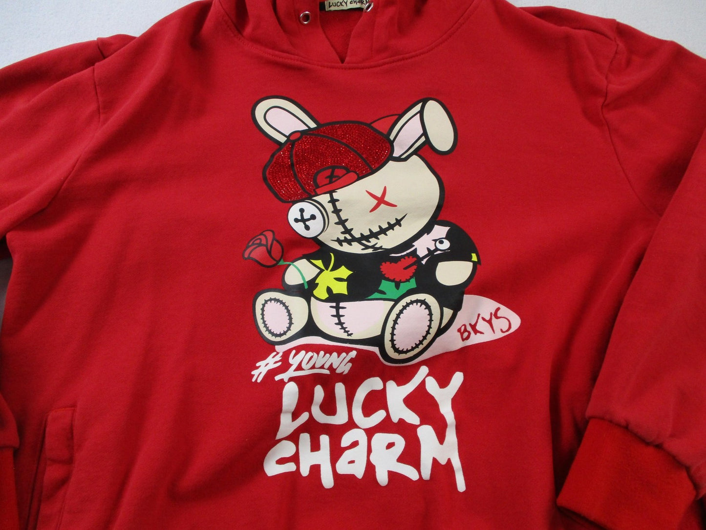 Lucky Charm Hoodie Kids Large Red Bunny Graphic Rhinestone Pullover 16483
