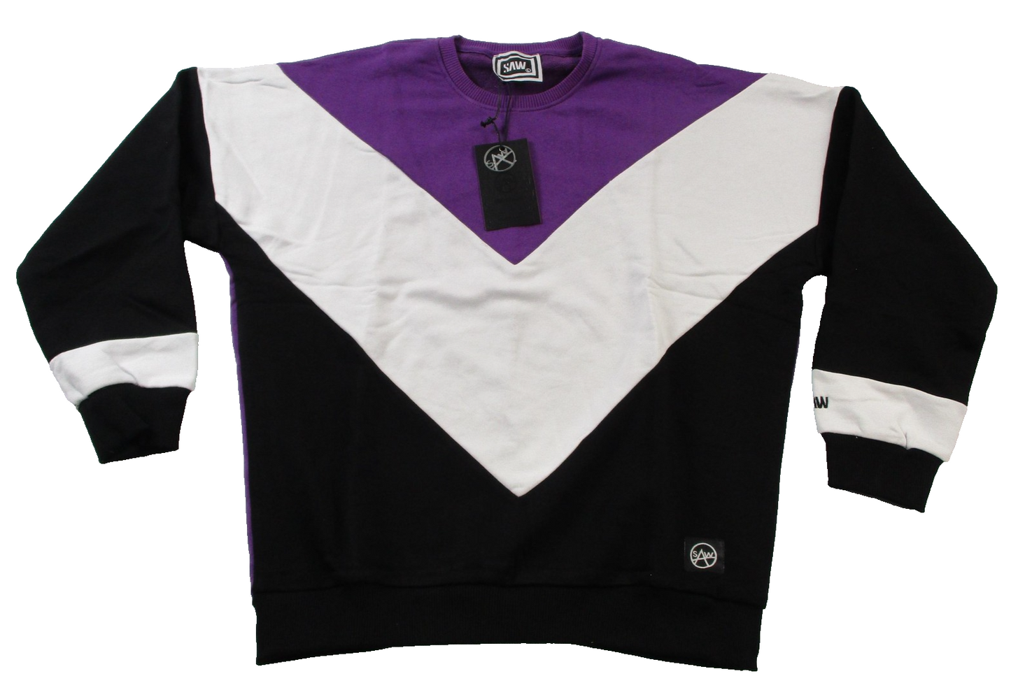 SAW Sweatshirt Mens Large Purple Black White Pullover Fleece Colorblock Crewneck0