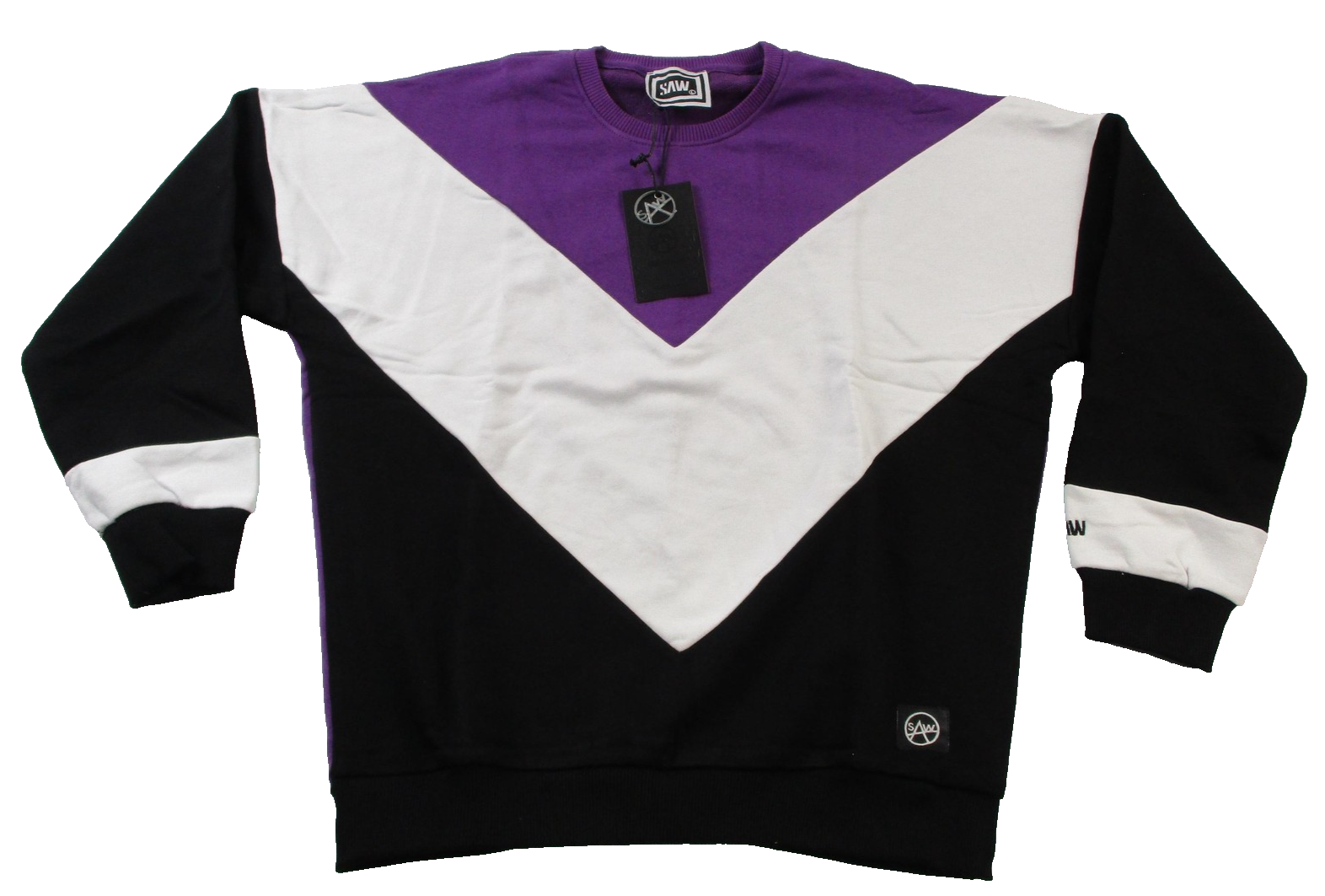 SAW Sweatshirt Mens Large Purple Black White Pullover Fleece Colorblock Crewneck0