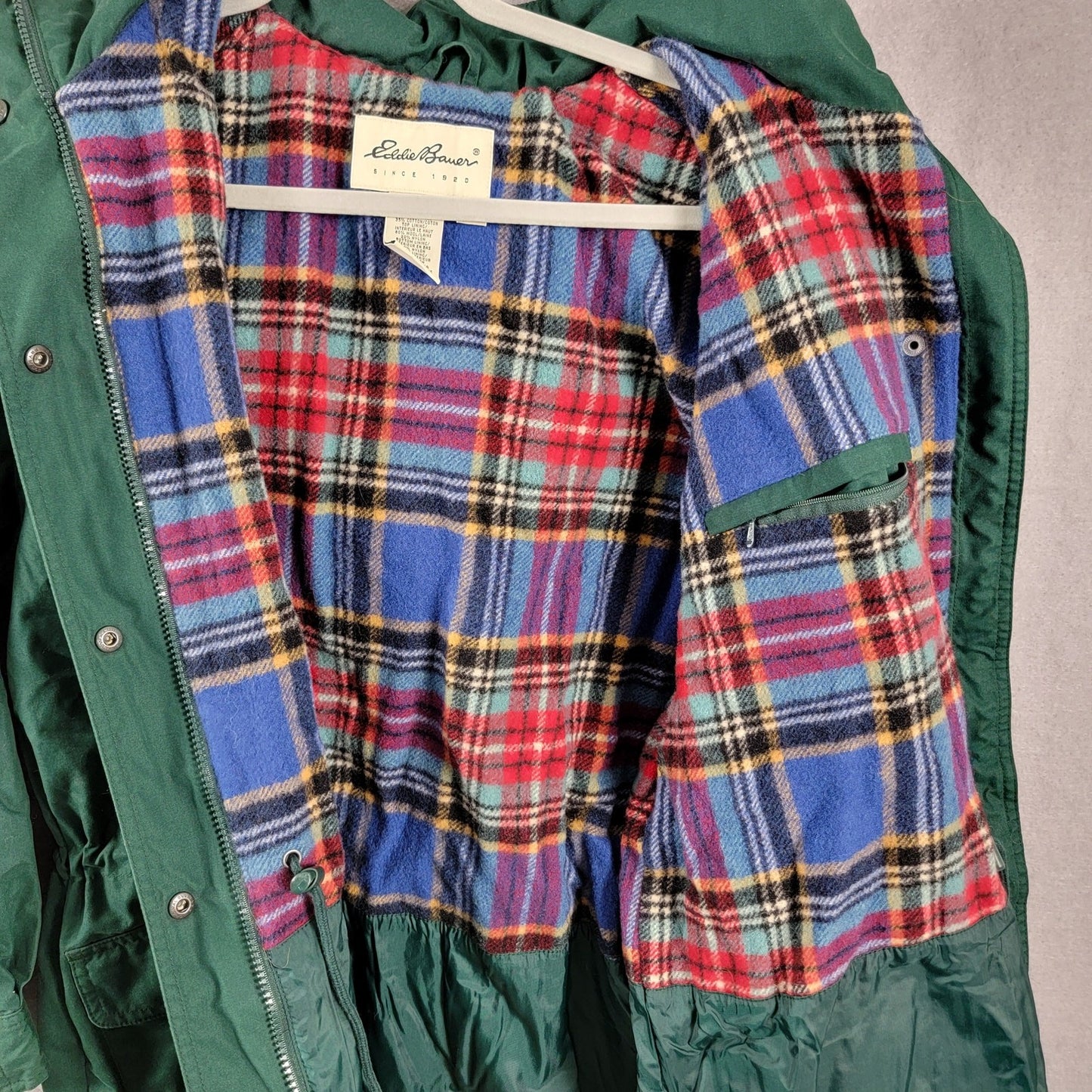 Eddie Bauer Women’s M Green Waxed Cotton Jacket Wool Lined Hooded Vintage 2144