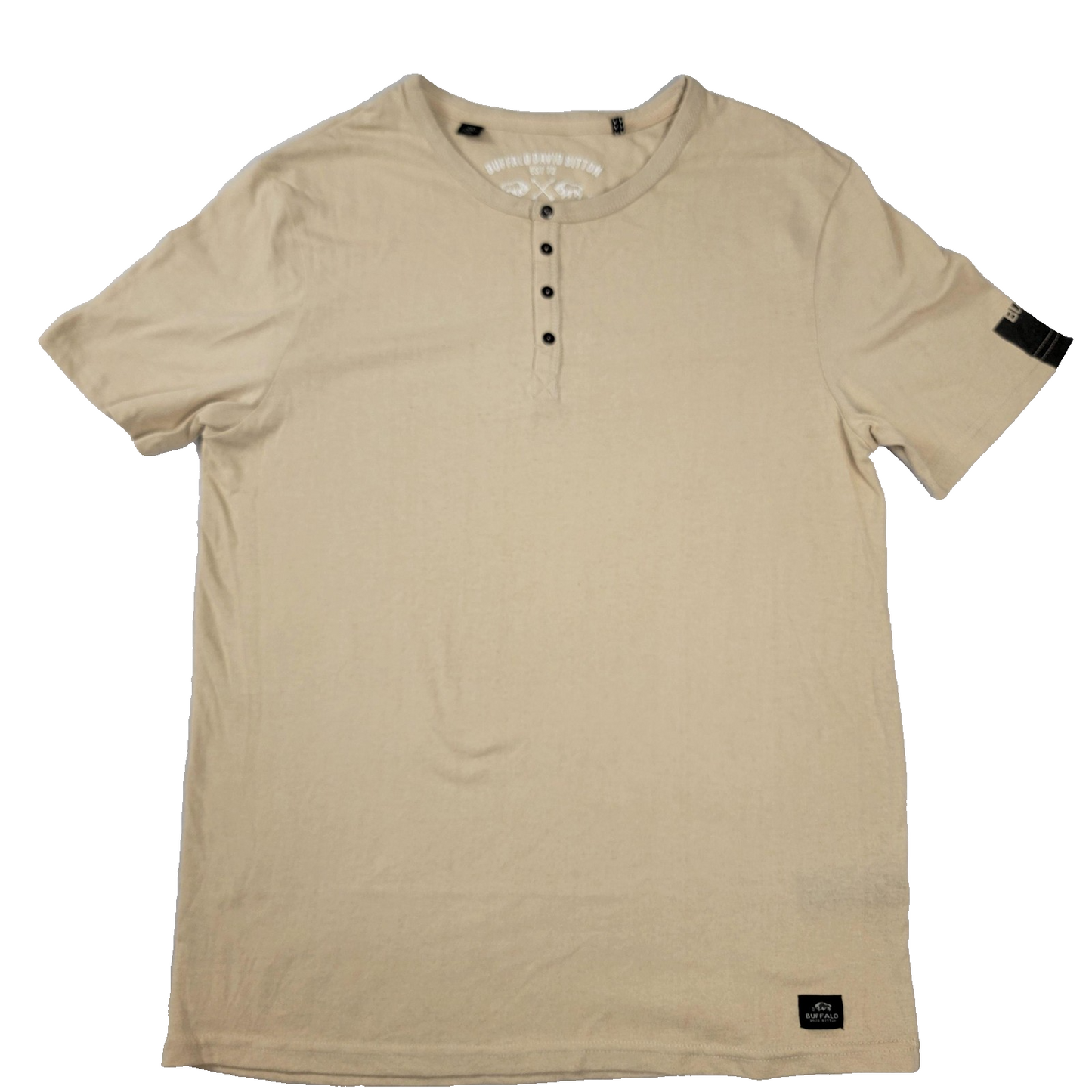 Buffalo David Bitton Shirt Mens Small Tan Henley Short Sleeve Patch