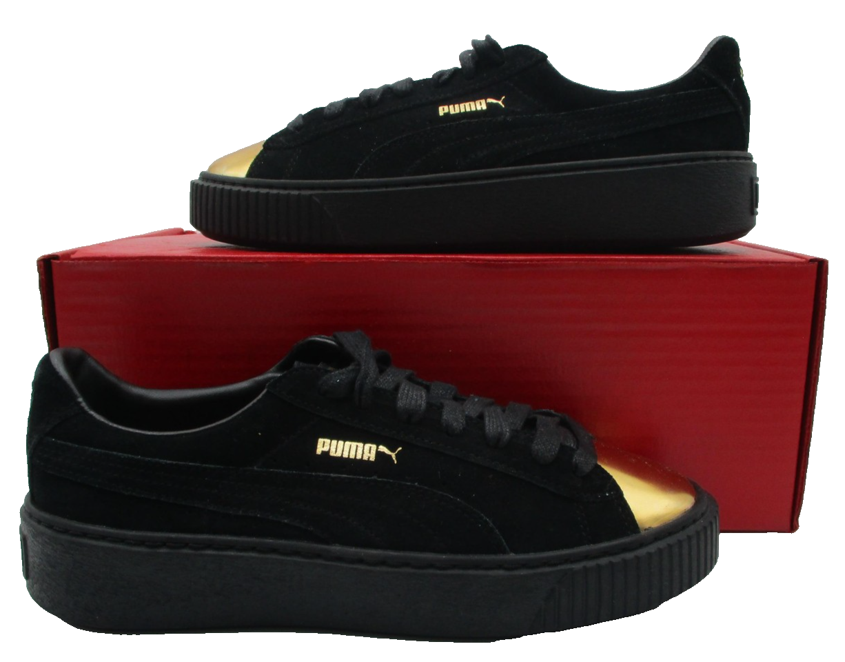 Puma Basket Platform Metallic Shoes Womens Size 8.5 Black Gold Toe 36222202 1R80