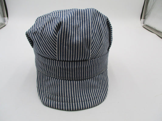 Blue Striped Hat Cap Fitted Mens Medium Denim Cotton Army Engineer Railroad0