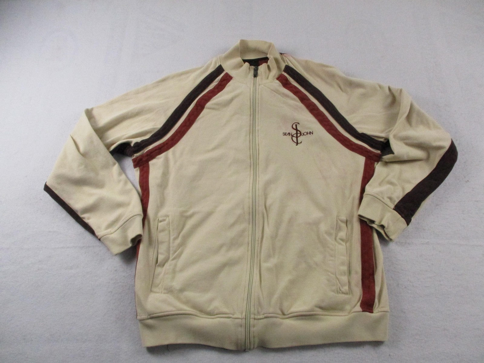Sean John Jacket Mens Large Beige Brown Red Stripe Track Full Zip Collared Knit0