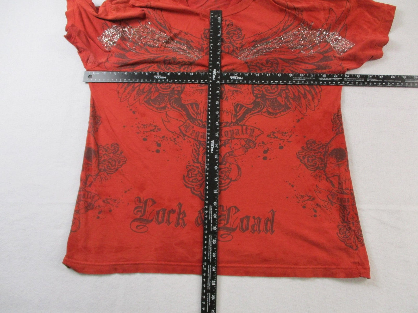 Vegas Royalty Shirt Womens Medium Red Skull Lock & Load Rhinestone Tee Graphic6