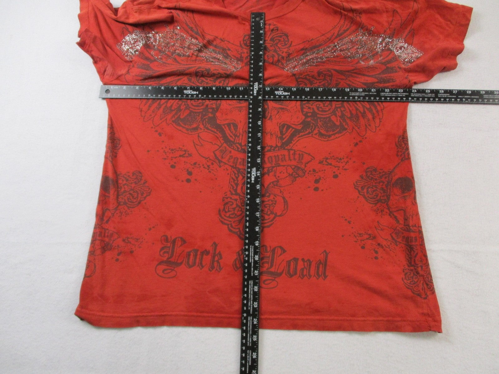Vegas Royalty Shirt Womens Medium Red Skull Lock & Load Rhinestone Tee Graphic6