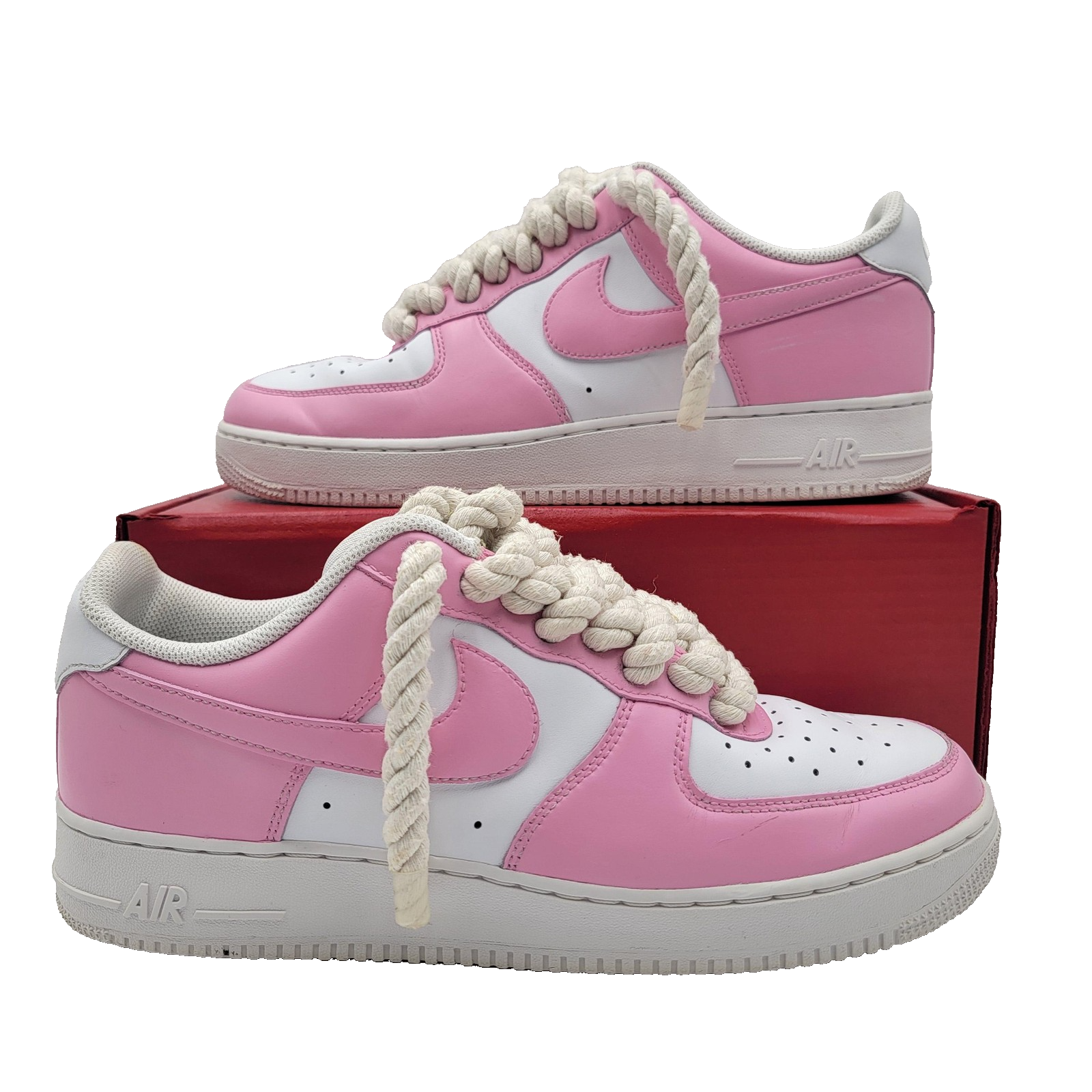 Nike Air Force 1 Low Shoes Mens Size 12 Pink White MBM Rope Laces Custom (1C6)0