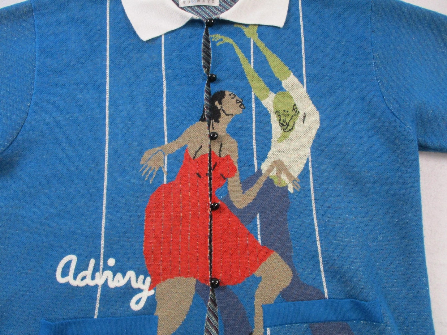 Advisry Cardigan Sweater Womens L Blue Dancing Couple Graphic Knit 14844