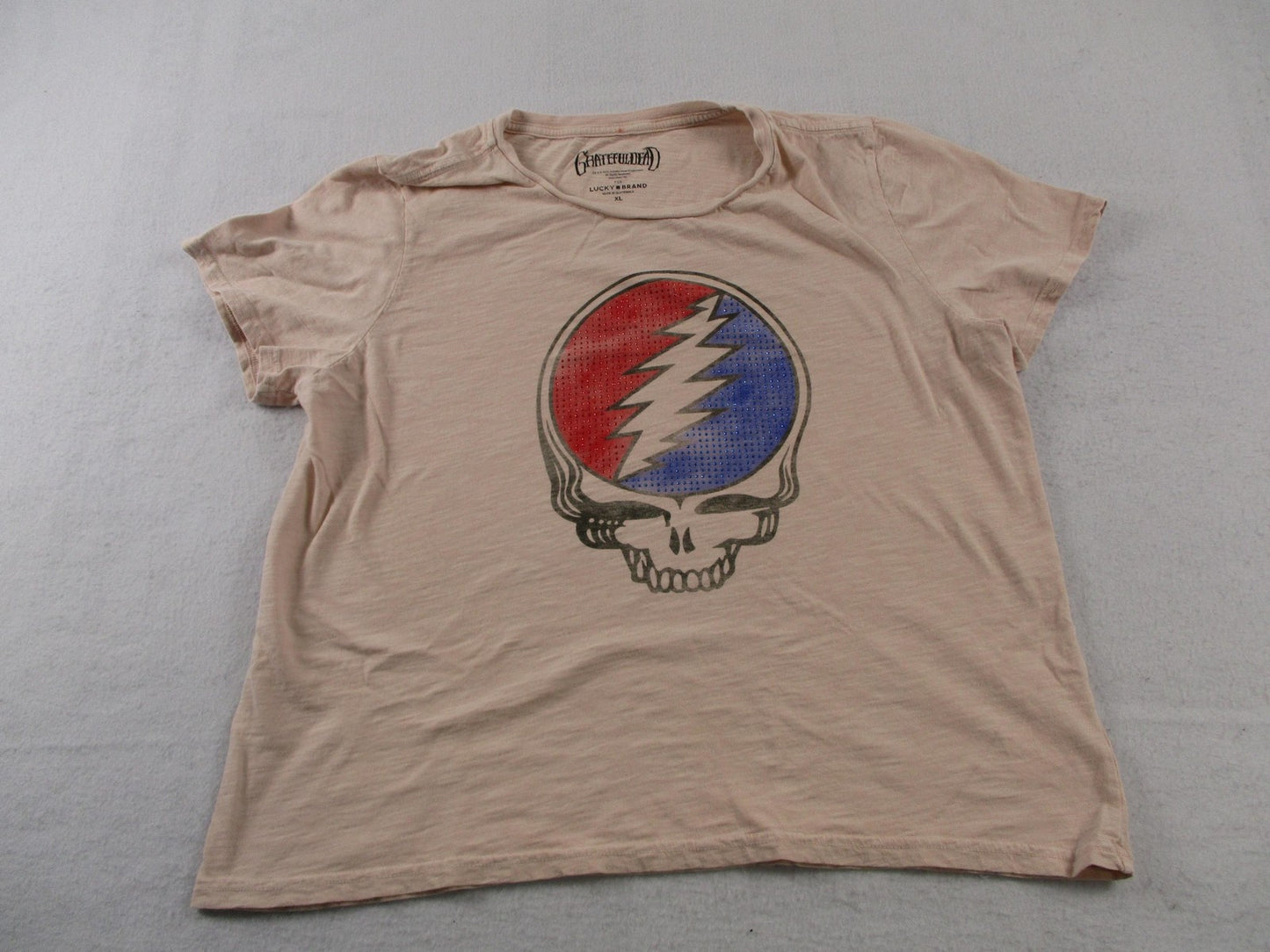 Lucky Brand Shirt Womens XL Beige Grateful Dead Rhinestone Skull Graphic Tee0