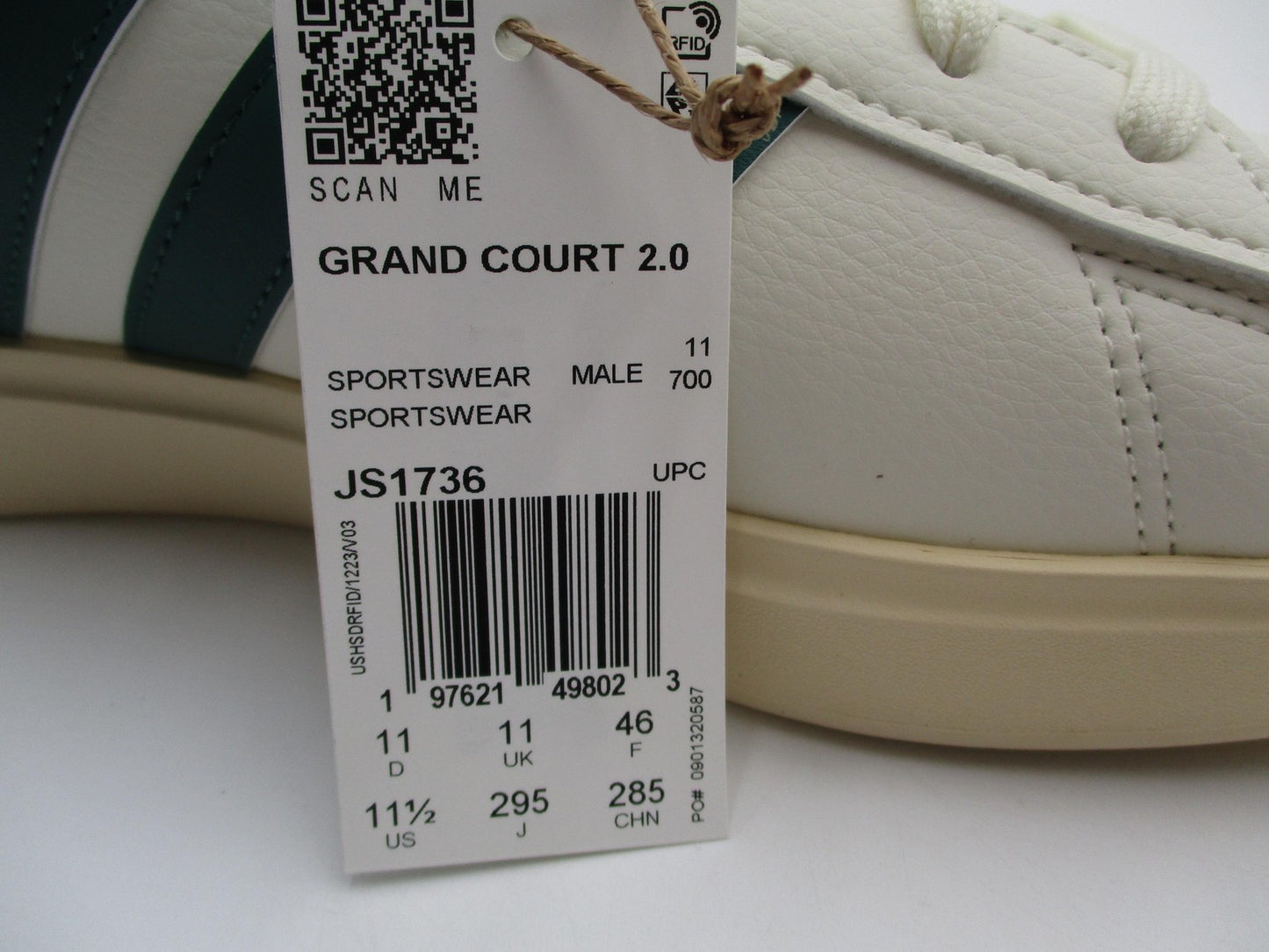 Adidas Grand Court 2.0 Shoes Mens Size 11.5 White Green Sneakers JS17366