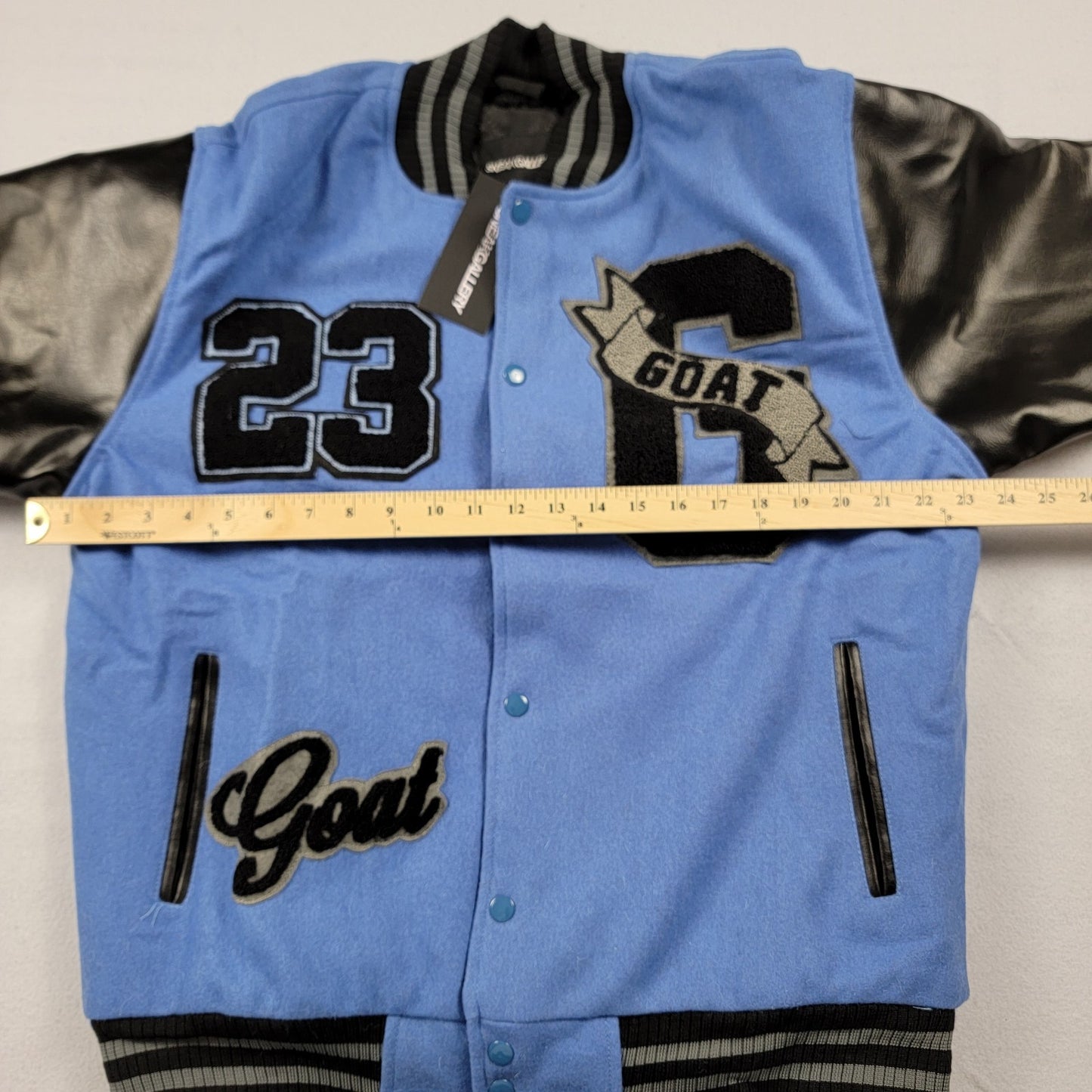 SneakGallery GOAT 23 Varsity Jacket Black Blue Leather Sleeves Size L NWT 7013