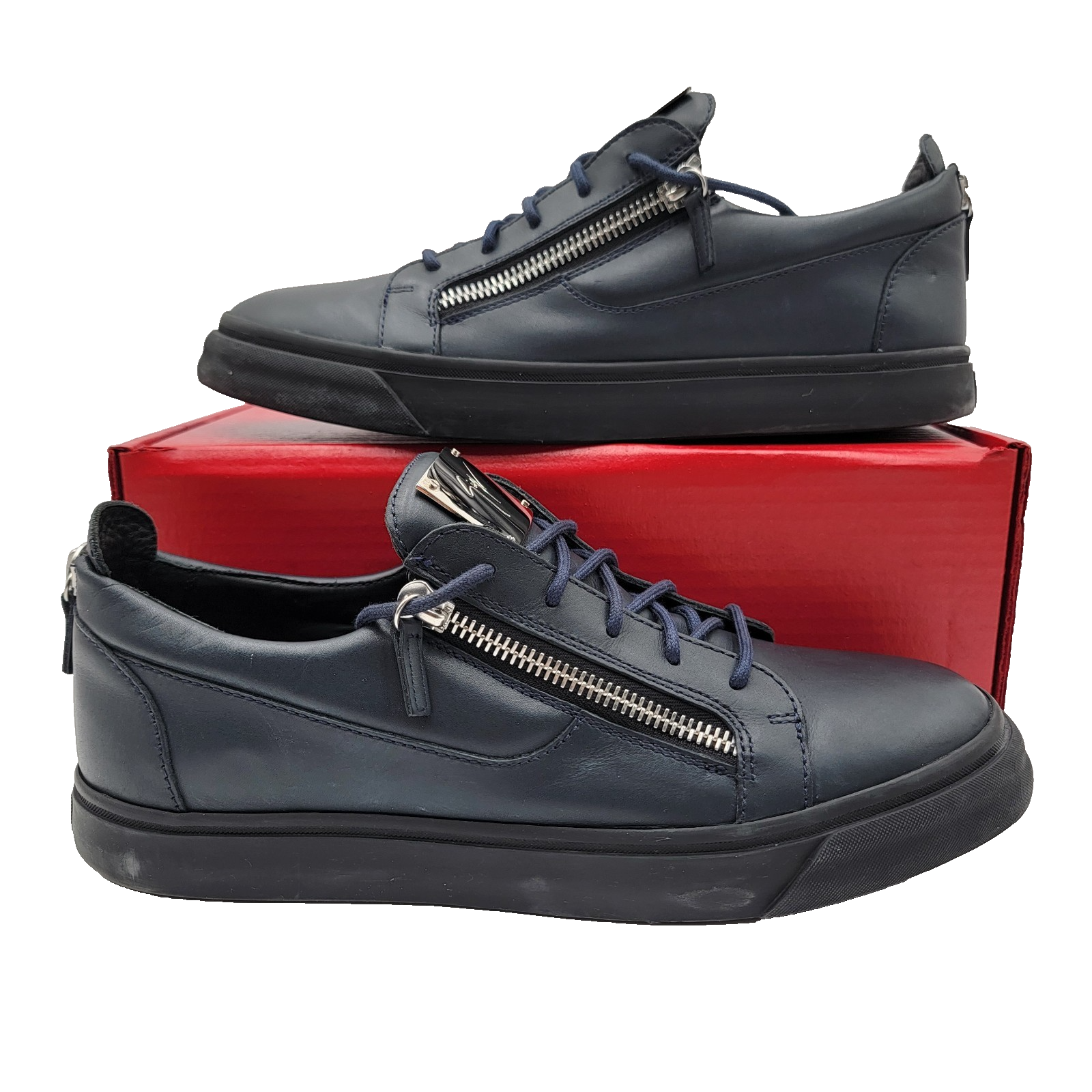 Giuseppe Zanotti Navy Leather Double Zip Sneakers Men 45 Made In Italy