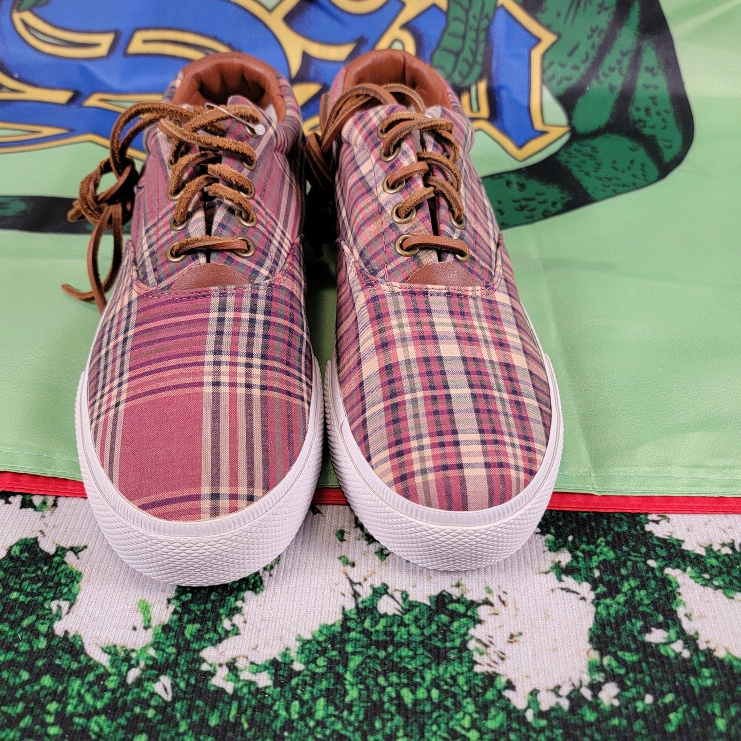 Ralph Lauren Polo Vaughn Boat Deck Shoes Wine Plaid Sz 8D3