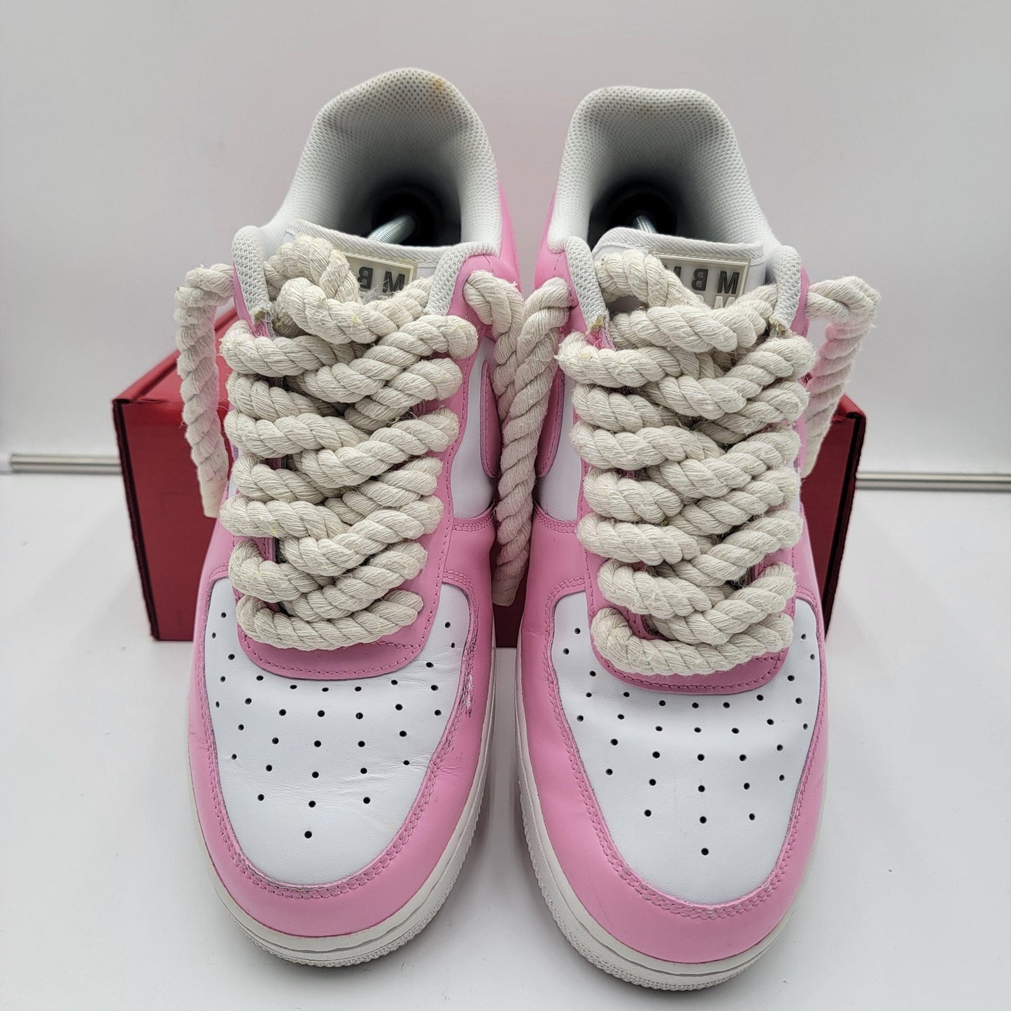 Nike Air Force 1 Low Shoes Mens Size 12 Pink White MBM Rope Laces Custom (1C6)2