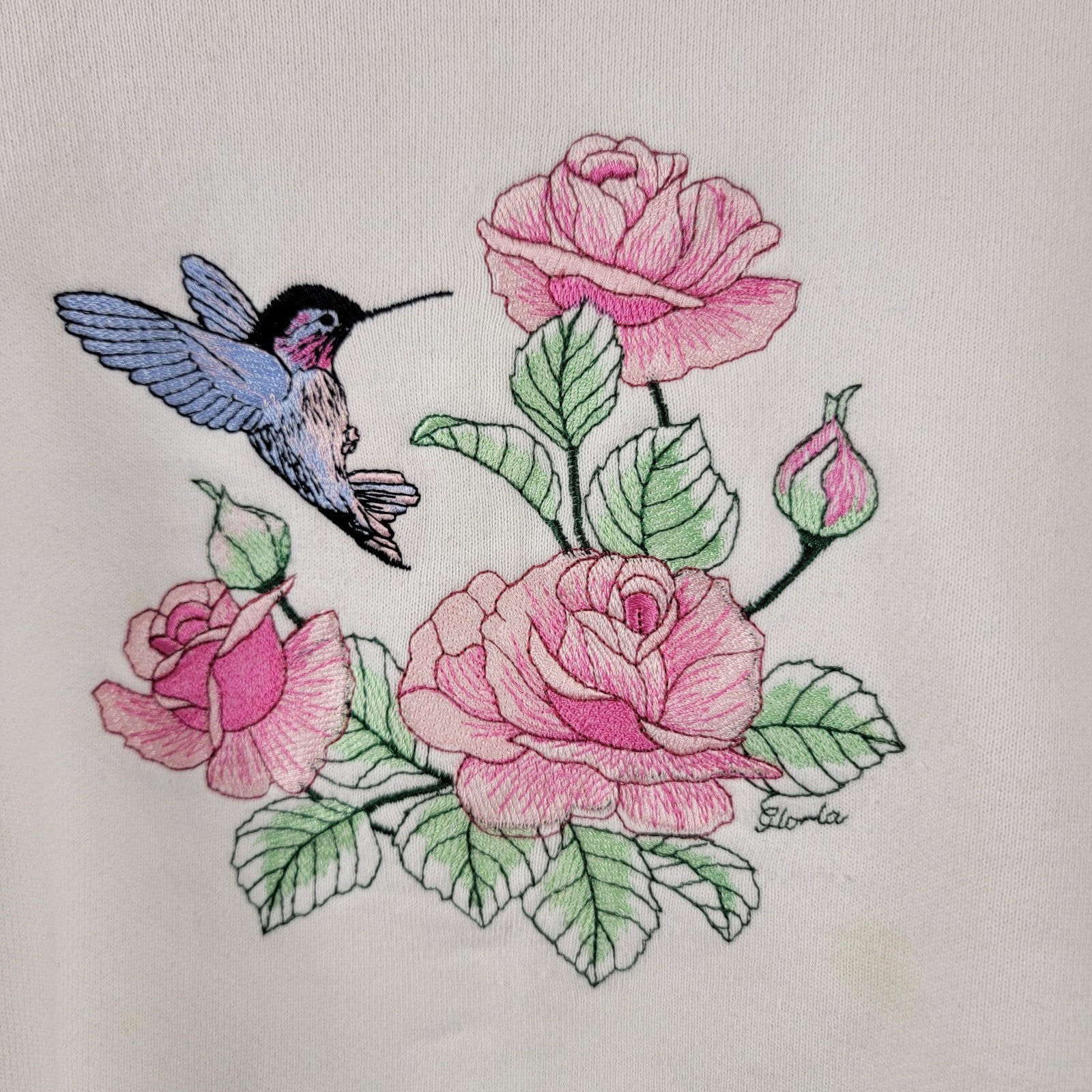 Gloria USA Hummingbird Rose Embroidered Sweatshirt Women’s L Vintage