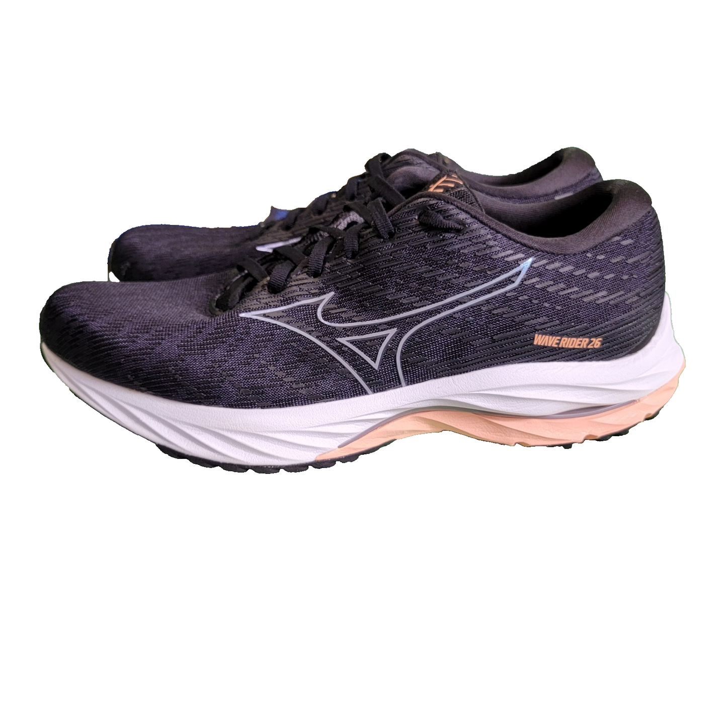 Mizuno Wave Rider 26 Women’s Running Shoes Size 11 Black White Peach (1C4)1