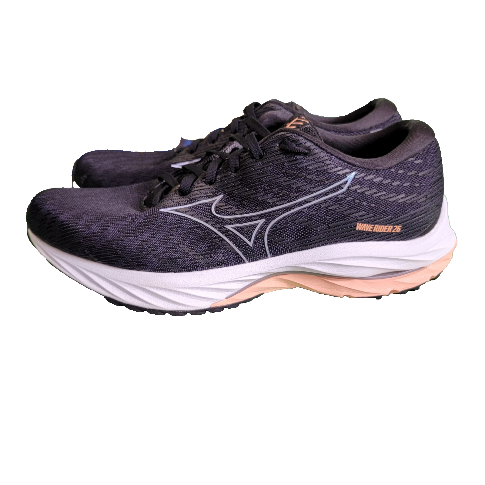 Mizuno Wave Rider 26 Women’s Running Shoes Size 11 Black White Peach (1C4)1