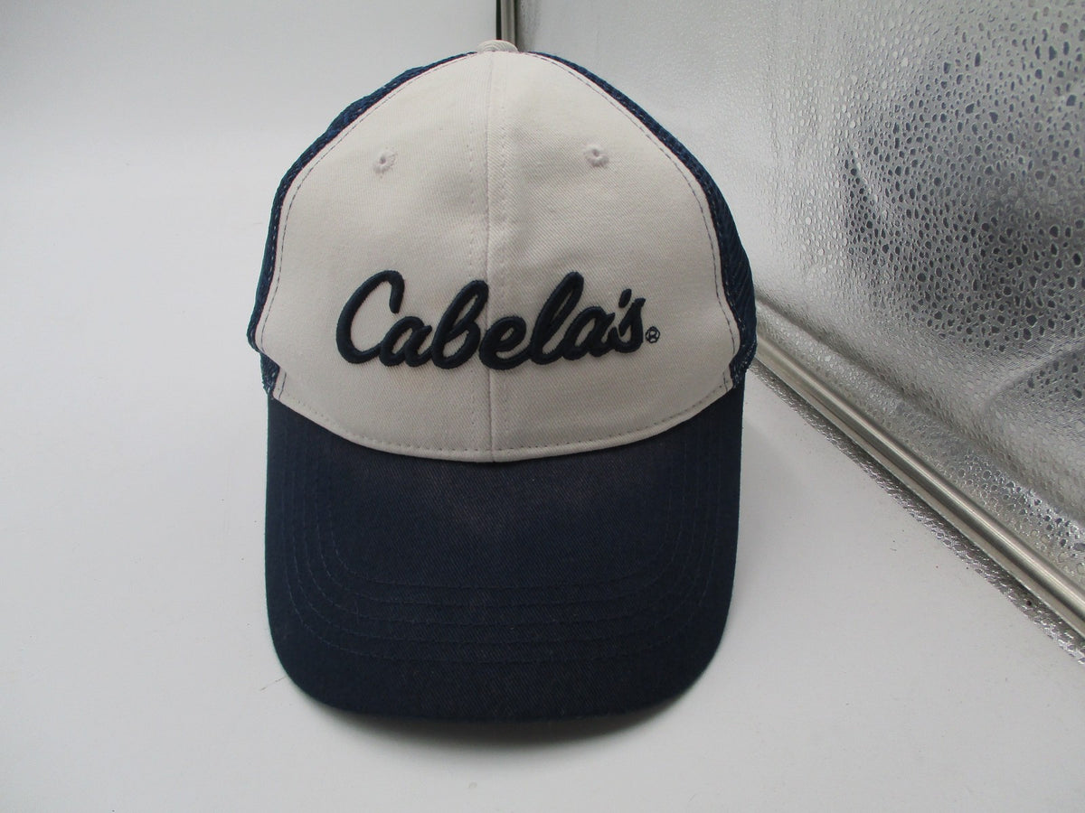 Cabela's Hat Cap Snap Back Mens One Size Blue White Mesh Trucker Script Logo0