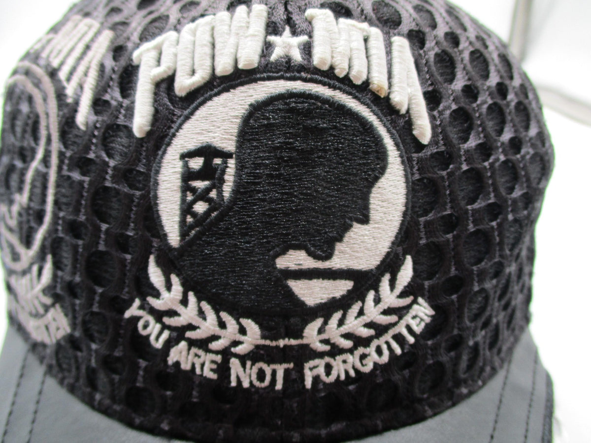 JWM POW MIA Hat Cap Strap Back Mens One Size Black Mesh Faux Leather Embroidered8