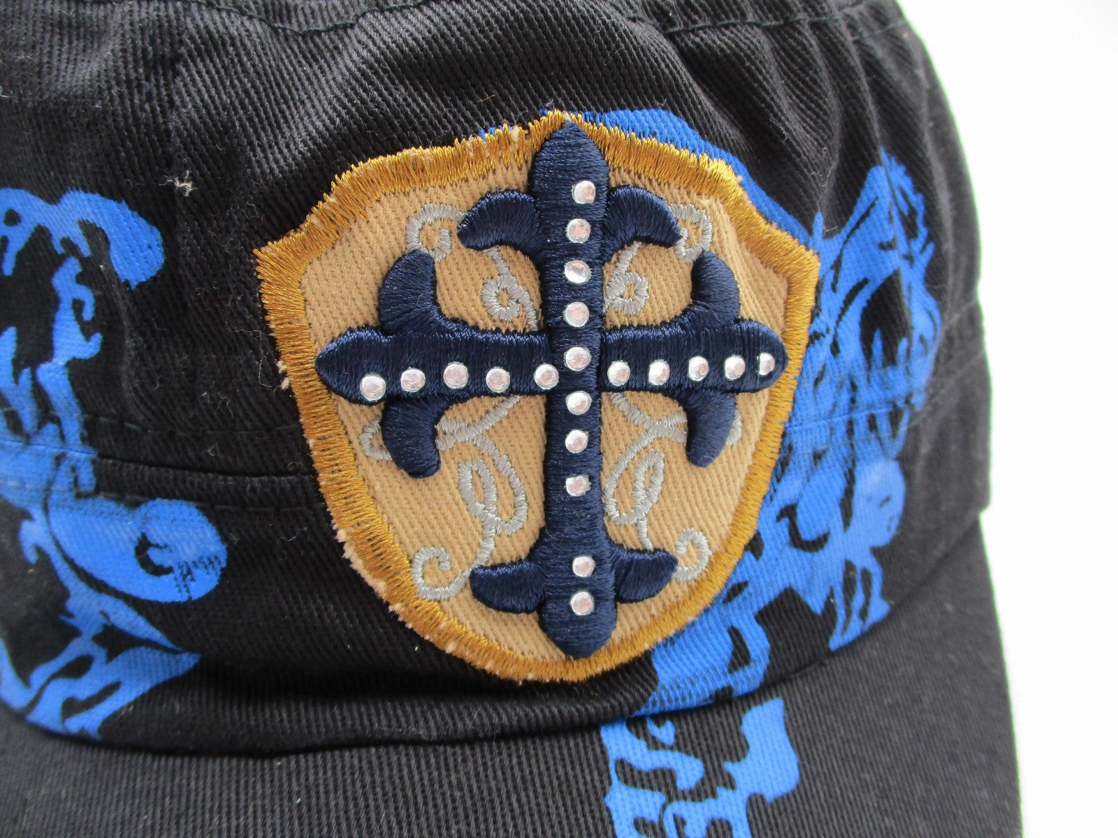 Cross Shield Hat Cap Army Strap Back Mens One Size Black Blue Graphic Studs Y2K1