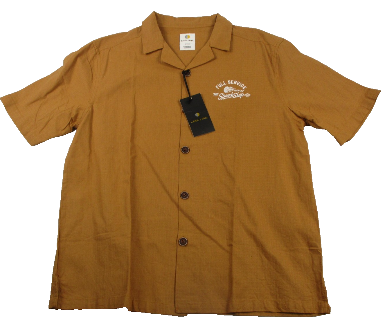 Lark & Owl Shirt Mens Med Brown Button Up Speed Shop Graphic Motorcycles 13270