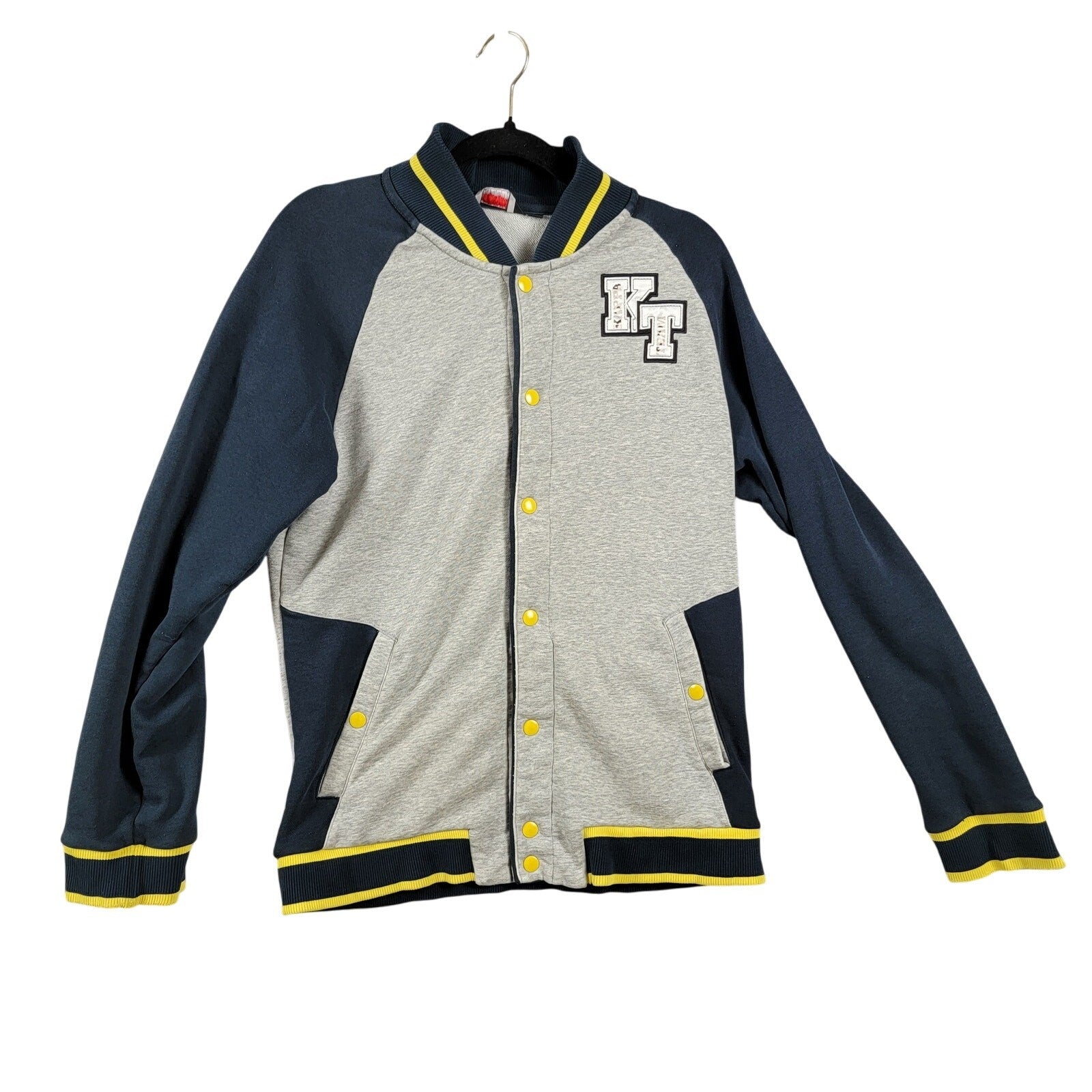 Kappa Men’s Varsity Jacket Gray Navy Yellow Trim Full Snap Front Size XL