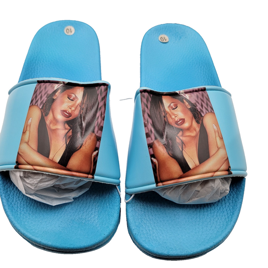 Aaliyah Blue Slide Shoes Mens Size 10 Graphic Slip On Sandals Hip Hop Art