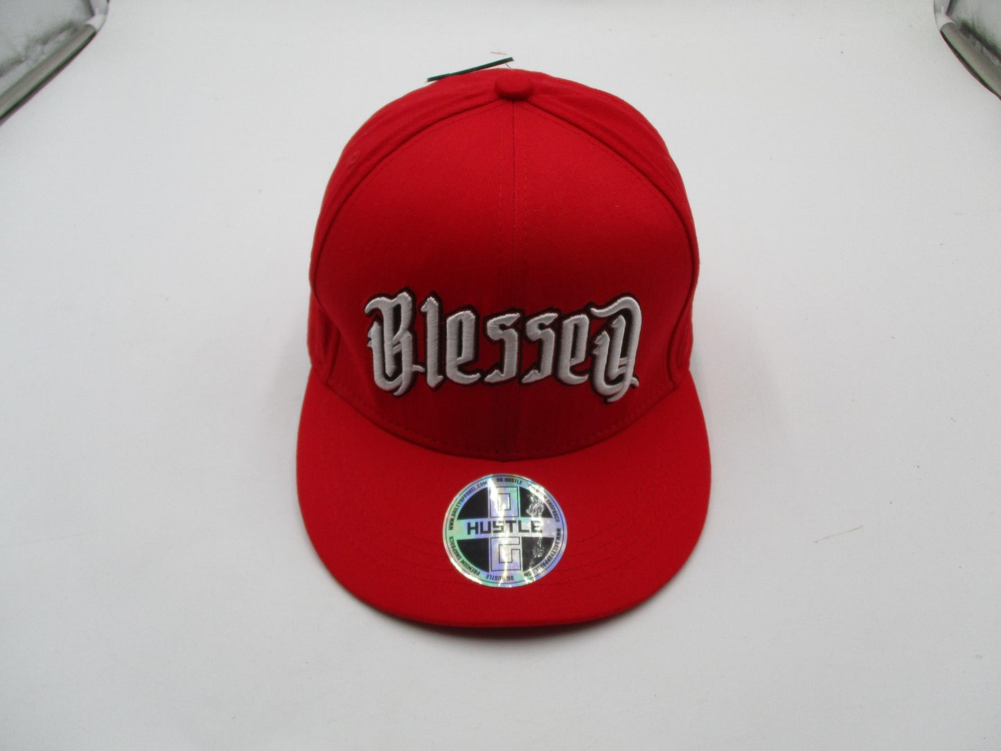 Hustle Blessed Hat Cap Snap Back Mens One Size Red Gothic Script Embroidered2